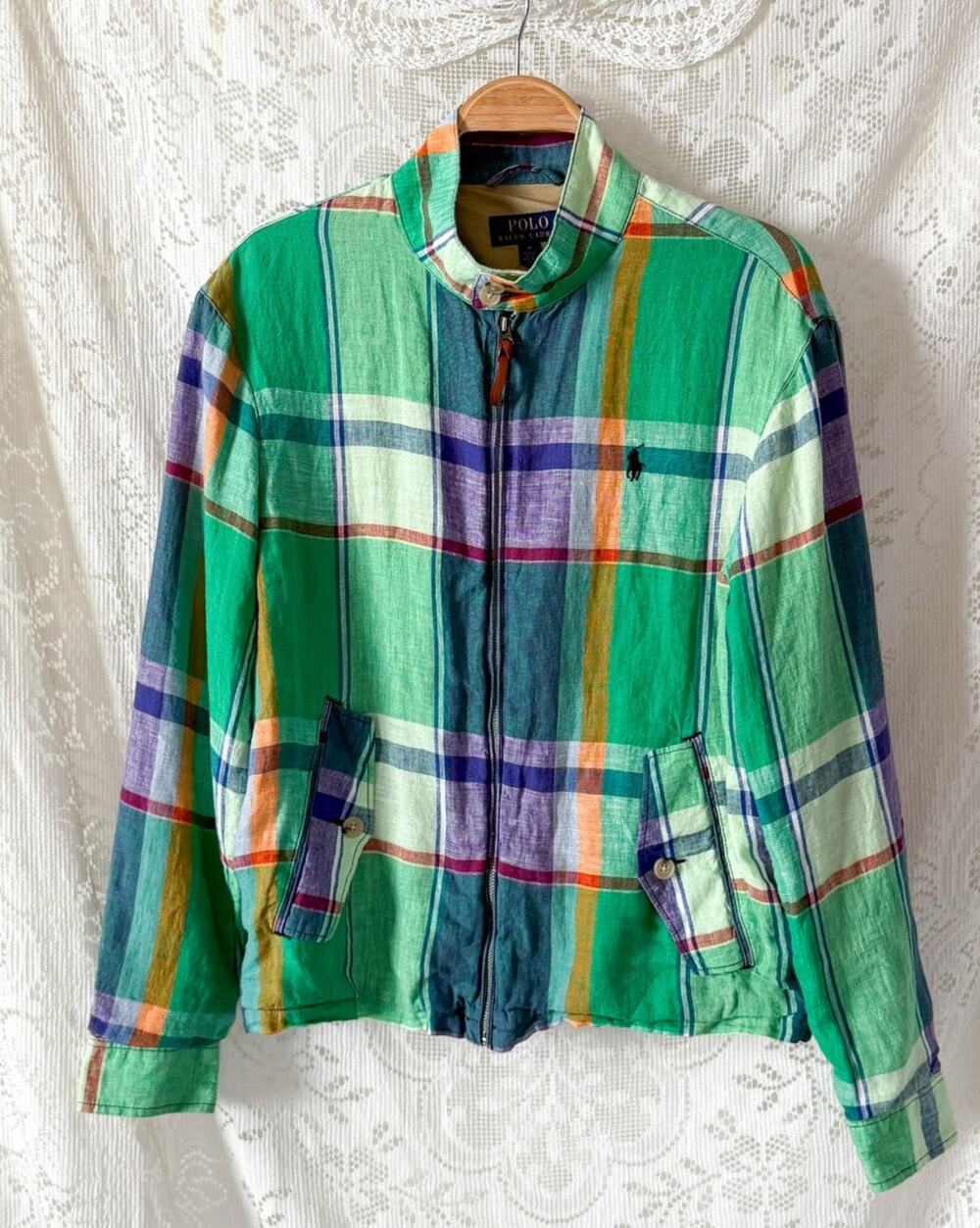 Polo Ralph Lauren Green Madras Plaid Linen Harrington Jacket